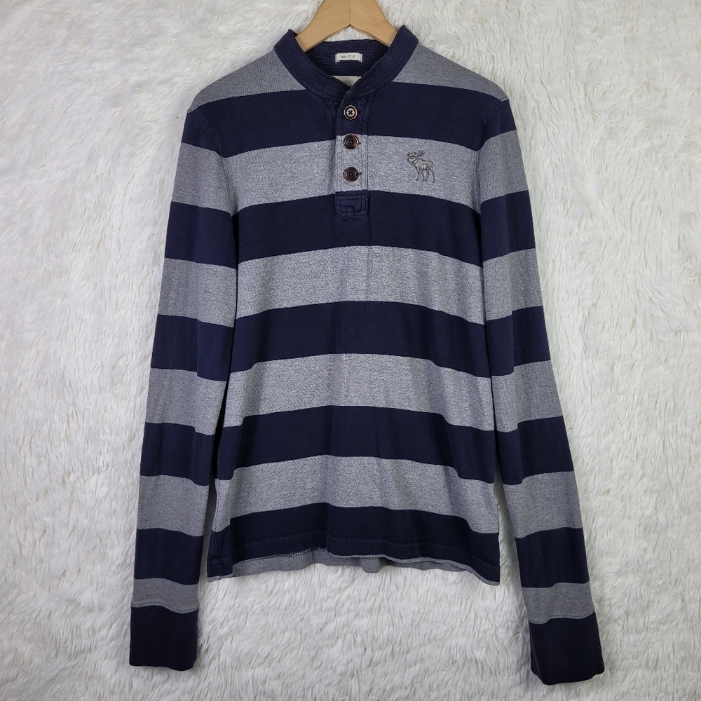 2XL Abercrombie & Fitch Mens Blue & Gray Long Sleeve Henley Muscle Tee Y2K Moose